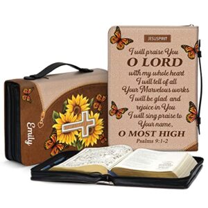 jesuspirit i will be glad and rejoice in you – sunflower & cross – personalized leather bible cover xlarge size – religious gift for christian women – psalms 9:1-2 – zippered book case with handle