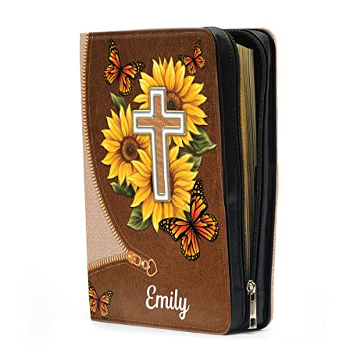 Jesuspirit I Will Be Glad and Rejoice in You - Sunflower & Cross - Personalized Leather Bible Cover XLarge Size - Religious Gift for Christian Women - Psalms 9:1-2 - Zippered Book Case with Handle