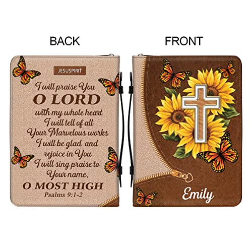 Jesuspirit I Will Be Glad and Rejoice in You - Sunflower & Cross - Personalized Leather Bible Cover XLarge Size - Religious Gift for Christian Women - Psalms 9:1-2 - Zippered Book Case with Handle