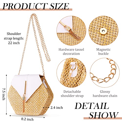 Straw Purses Bags Woven Summer Clutch Purses Crossbody Shoulder Handbag Bag with 4 Pairs Rattan Boho Earrings for Women Girl (White)