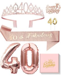 40th birthday gifts decorations for women – 40 birthday cake topper, balloons, queen sash, crown and candle set, rose gold