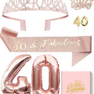 40th Birthday Gifts Decorations for Women - 40 Birthday Cake Topper, Balloons, Queen Sash, Crown and Candle Set, Rose Gold