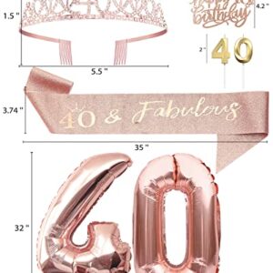 40th Birthday Gifts Decorations for Women - 40 Birthday Cake Topper, Balloons, Queen Sash, Crown and Candle Set, Rose Gold