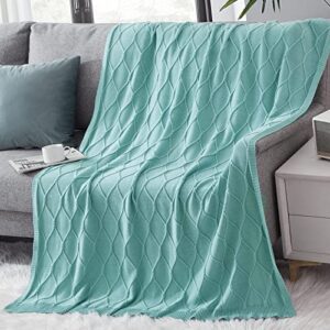revdomfly 100% cotton diamond waffle weave aqua cable knit throw blanket for couch, sofa, bed | 50 x 60 inches | lightweight and soft,luxury decorative breathable skin-friendly blanket
