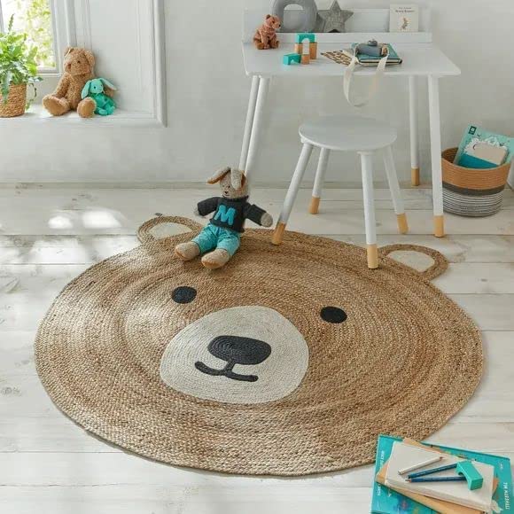 Living Room, Kitchen Hand Woven Carpet Braided Rug Decorative Jute Rugs for Farmhouse Modern Area Rugs Teddy Bear Pattern Braided Round Area Rugs for Kids Room (3 feet)