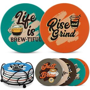 coasters for coffee table – 6 coffee themed absorbent stone cork drink coasters, bar coasters for drinks with holder, cool housewarming gift, new home – cup coster for wooden table