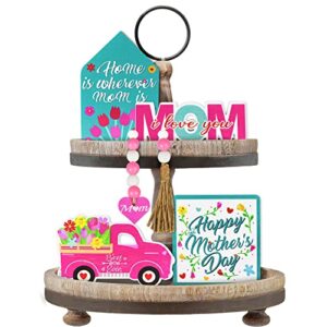 5 pcs mother’s day tiered tray decor (tray not included) – happy mother’s day mini wood sign, wooden heart bead garland – mother’s day party decor, mother’s birthday party decorations