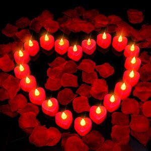 1200 pieces artificial rose petals with 36 pieces romantic heart shape led tealight candle flameless love candle for candlelight dinner wedding night party wedding anniversaries table decor (red)