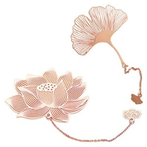 2 pcs hollow metal bookmarks retro flowers leaves reading markers with chinese knot tassel for students teachers gift giving rose gold lotus ginkgo