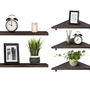 Mkono 5 Pieces Set Floating Shelves for Wall, 2 Pack Rectangle Wood Shelf and 3 Pack Triangle Wood Board Corner Shelves