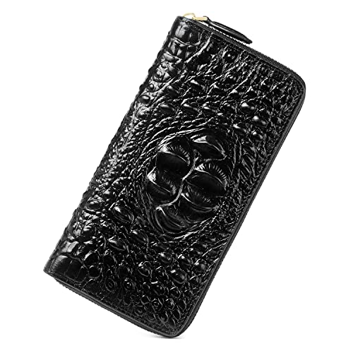 Women Leather Wallet RFID Designer crocodile Large Capacity Credit Cards Holder Organizer Phone Clutch (Black)