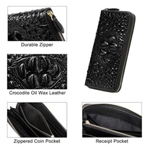 Women Leather Wallet RFID Designer crocodile Large Capacity Credit Cards Holder Organizer Phone Clutch (Black)