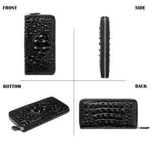 Women Leather Wallet RFID Designer crocodile Large Capacity Credit Cards Holder Organizer Phone Clutch (Black)