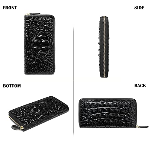 Women Leather Wallet RFID Designer crocodile Large Capacity Credit Cards Holder Organizer Phone Clutch (Black)