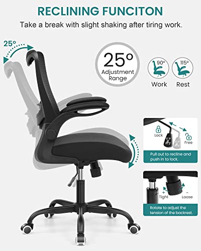 MUXX.STIL Office Chair, Desk Chair with Adjustable Lumbar Support, Ergonomic Task Chair with Breathable Mesh, Swivel Computer Chair with Flip-up Armrest, for Home Office, Black