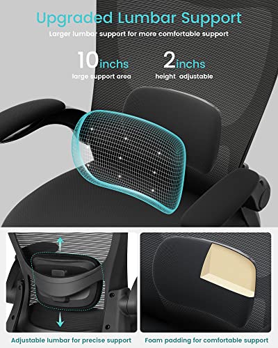 MUXX.STIL Office Chair, Desk Chair with Adjustable Lumbar Support, Ergonomic Task Chair with Breathable Mesh, Swivel Computer Chair with Flip-up Armrest, for Home Office, Black