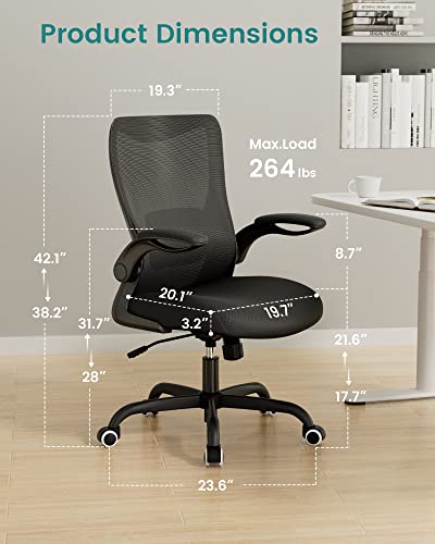 MUXX.STIL Office Chair, Desk Chair with Adjustable Lumbar Support, Ergonomic Task Chair with Breathable Mesh, Swivel Computer Chair with Flip-up Armrest, for Home Office, Black