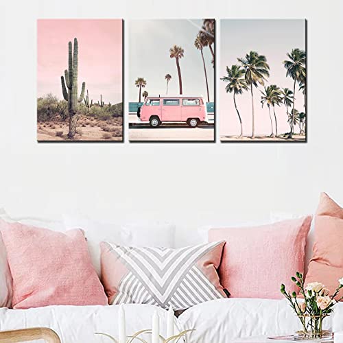 Tucocoo Modern Pictures for Living Room Beach Palm Trees Paintings 3 Pieces Canvas Summer Pink Wall Art Saguaro Cacti Artwork Home Decor Giclee Wooden Framed Stretched Ready to Hang(42x20inch)