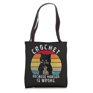 vintage black cat crochet because murder is wrong crocheting tote bag
