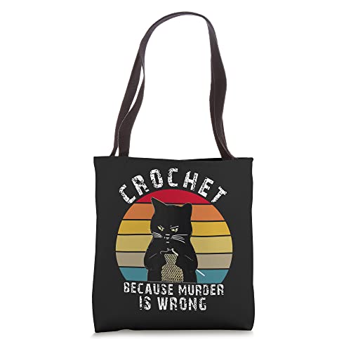 Vintage Black Cat Crochet Because Murder Is Wrong Crocheting Tote Bag
