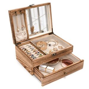 emfogo jewelry box for girls women, 2 layer rustic wooden jewelry boxes & organizers with mirror, wood jewelry organizer box display for rings necklaces earrings bracelets(torched wood)