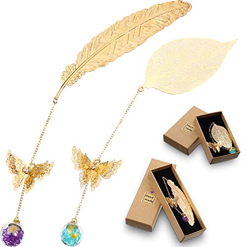 2 Pieces Metal Feather Bookmark Metal Leaf Bookmark with 3D Butterfly, Glass Dry Flower Beads Pendant and Box for Reader Students Friends