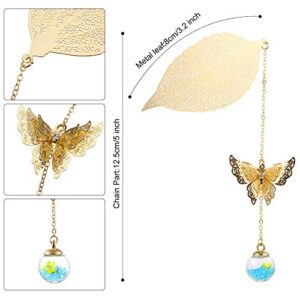 2 Pieces Metal Feather Bookmark Metal Leaf Bookmark with 3D Butterfly, Glass Dry Flower Beads Pendant and Box for Reader Students Friends