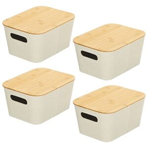 mDesign Fabric Basket with Lid - Wide Stacking Decorative Storage Box Bins with Covered Bamboo Lids for Closet, Bedroom, Living Room or Office - Holds Clothing and Accessories, 4 Pack, Cream