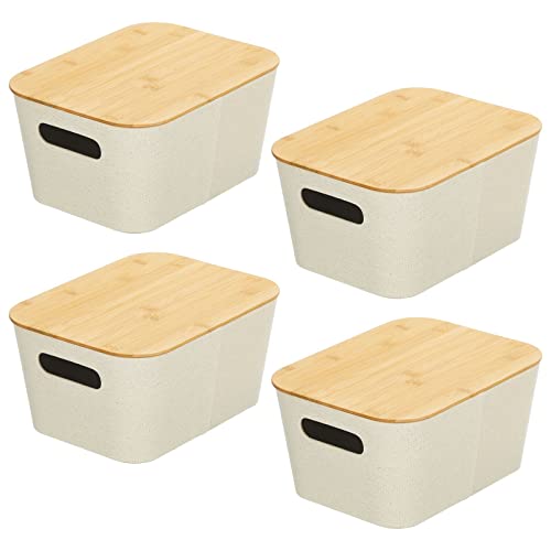 mDesign Fabric Basket with Lid - Wide Stacking Decorative Storage Box Bins with Covered Bamboo Lids for Closet, Bedroom, Living Room or Office - Holds Clothing and Accessories, 4 Pack, Cream