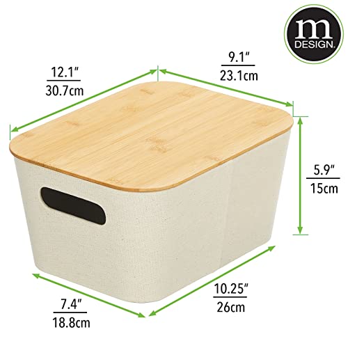 mDesign Fabric Basket with Lid - Wide Stacking Decorative Storage Box Bins with Covered Bamboo Lids for Closet, Bedroom, Living Room or Office - Holds Clothing and Accessories, 4 Pack, Cream