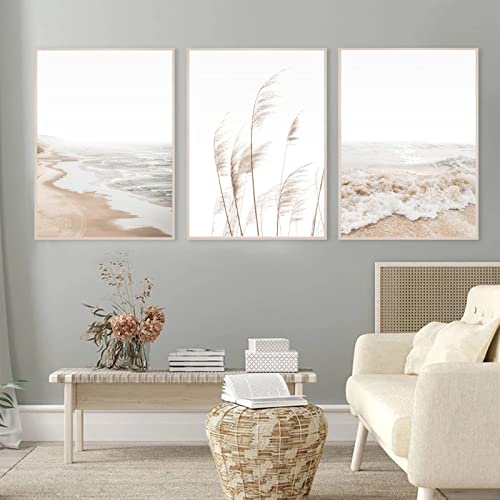 Beach Wall Art Boho Prints Coastal Canvas Wall Art UNFRAMED, Beach Pictures Wall Art Pampas Grass Ocean Poster Plant Landscape Beach Scene Artwork for Living Room Bedroom Decor 16x24 Inch, Set of 3