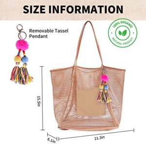 Genovega Mesh Woven Beach Tote Bag Sandproof for Women, Extra Large Oversized XL Womens Big Canvas Waterproof Totes Bags Pockets Best Family Essentials Accessories Stuff