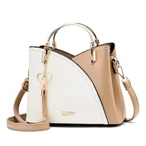 women’s pu leather handbags purse top-handle bags contrast color tassel stitching totes satchel shoulder bag for ladies (white-khaki)