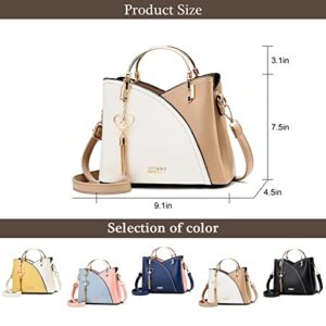 Women's PU Leather Handbags Purse Top-handle Bags Contrast Color Tassel Stitching Totes Satchel Shoulder Bag for Ladies (White-khaki)