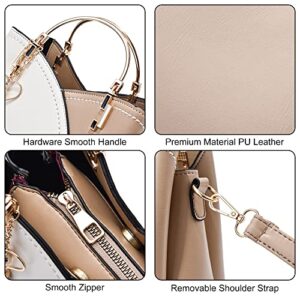 Women's PU Leather Handbags Purse Top-handle Bags Contrast Color Tassel Stitching Totes Satchel Shoulder Bag for Ladies (White-khaki)