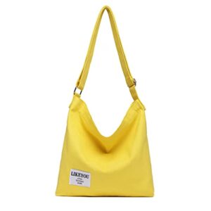likeyou women’s canvas retro large size hobo shoulder bag handbag casual tote (yellow)
