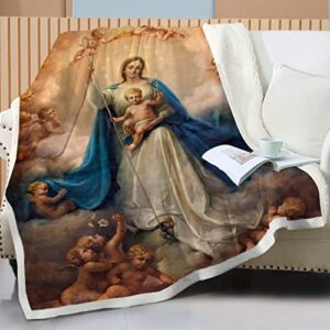 bedmust blue virgin angel throw blanket virgin maria authentic catholic blankets mother blanket blankets queen size (90×90 inches)