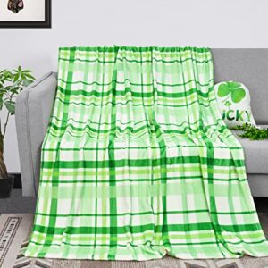 st patricks day fleece throw blanket with gift bag, soft lucky green stiped throw blanket for girls women men, lightweight cozy plush shrow blanket for couch chair bed sofa, 50 x 60 inch