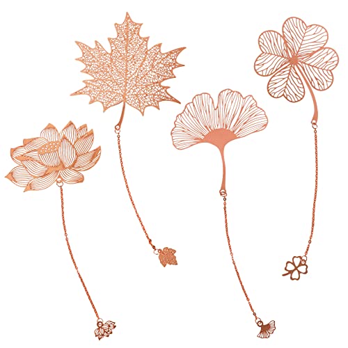 4 Pack Vintage Metal Bookmarks with Pendant, Gift Bookmark, Golden Hollow Bookmark, Metal Leaf Bookmark, Metal Openwork Bookmark, Four-Leaf Clover + Almond Leaf + Maple Leaf + Lotus Flower (Rose Gold)