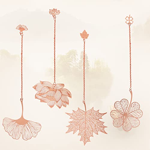 4 Pack Vintage Metal Bookmarks with Pendant, Gift Bookmark, Golden Hollow Bookmark, Metal Leaf Bookmark, Metal Openwork Bookmark, Four-Leaf Clover + Almond Leaf + Maple Leaf + Lotus Flower (Rose Gold)