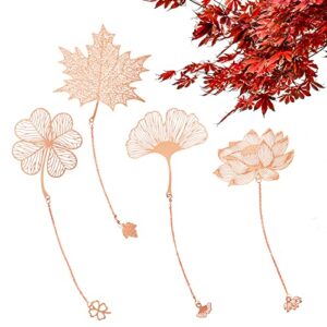 4 Pack Vintage Metal Bookmarks with Pendant, Gift Bookmark, Golden Hollow Bookmark, Metal Leaf Bookmark, Metal Openwork Bookmark, Four-Leaf Clover + Almond Leaf + Maple Leaf + Lotus Flower (Rose Gold)