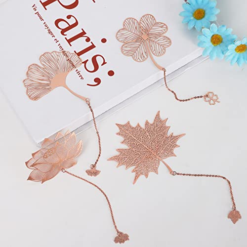 4 Pack Vintage Metal Bookmarks with Pendant, Gift Bookmark, Golden Hollow Bookmark, Metal Leaf Bookmark, Metal Openwork Bookmark, Four-Leaf Clover + Almond Leaf + Maple Leaf + Lotus Flower (Rose Gold)