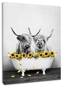 ecotob highland cow wall art western animal with farmhouse yellow floral sunflower canvas wall art abstract painting grey bull pictures for bathroom bedroom living room framed ready to hang, 12×16