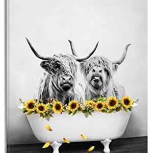ECOTOB Highland Cow Wall Art Western Animal with Farmhouse Yellow Floral Sunflower Canvas Wall Art Abstract Painting Grey Bull Pictures for Bathroom Bedroom Living Room Framed Ready to Hang, 12x16