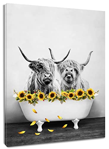 ECOTOB Highland Cow Wall Art Western Animal with Farmhouse Yellow Floral Sunflower Canvas Wall Art Abstract Painting Grey Bull Pictures for Bathroom Bedroom Living Room Framed Ready to Hang, 12x16