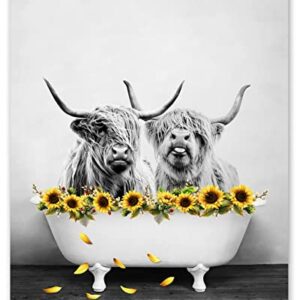 ECOTOB Highland Cow Wall Art Western Animal with Farmhouse Yellow Floral Sunflower Canvas Wall Art Abstract Painting Grey Bull Pictures for Bathroom Bedroom Living Room Framed Ready to Hang, 12x16