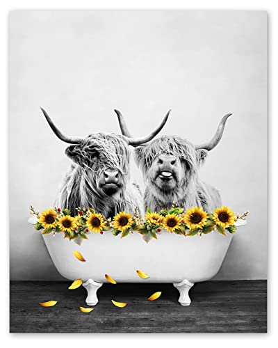 ECOTOB Highland Cow Wall Art Western Animal with Farmhouse Yellow Floral Sunflower Canvas Wall Art Abstract Painting Grey Bull Pictures for Bathroom Bedroom Living Room Framed Ready to Hang, 12x16