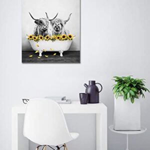 ECOTOB Highland Cow Wall Art Western Animal with Farmhouse Yellow Floral Sunflower Canvas Wall Art Abstract Painting Grey Bull Pictures for Bathroom Bedroom Living Room Framed Ready to Hang, 12x16