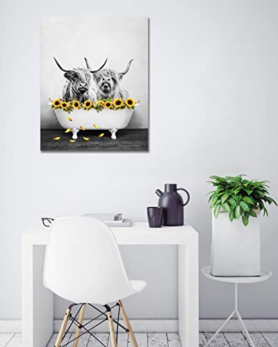 ECOTOB Highland Cow Wall Art Western Animal with Farmhouse Yellow Floral Sunflower Canvas Wall Art Abstract Painting Grey Bull Pictures for Bathroom Bedroom Living Room Framed Ready to Hang, 12x16