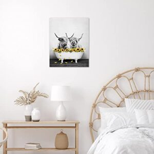 ECOTOB Highland Cow Wall Art Western Animal with Farmhouse Yellow Floral Sunflower Canvas Wall Art Abstract Painting Grey Bull Pictures for Bathroom Bedroom Living Room Framed Ready to Hang, 12x16